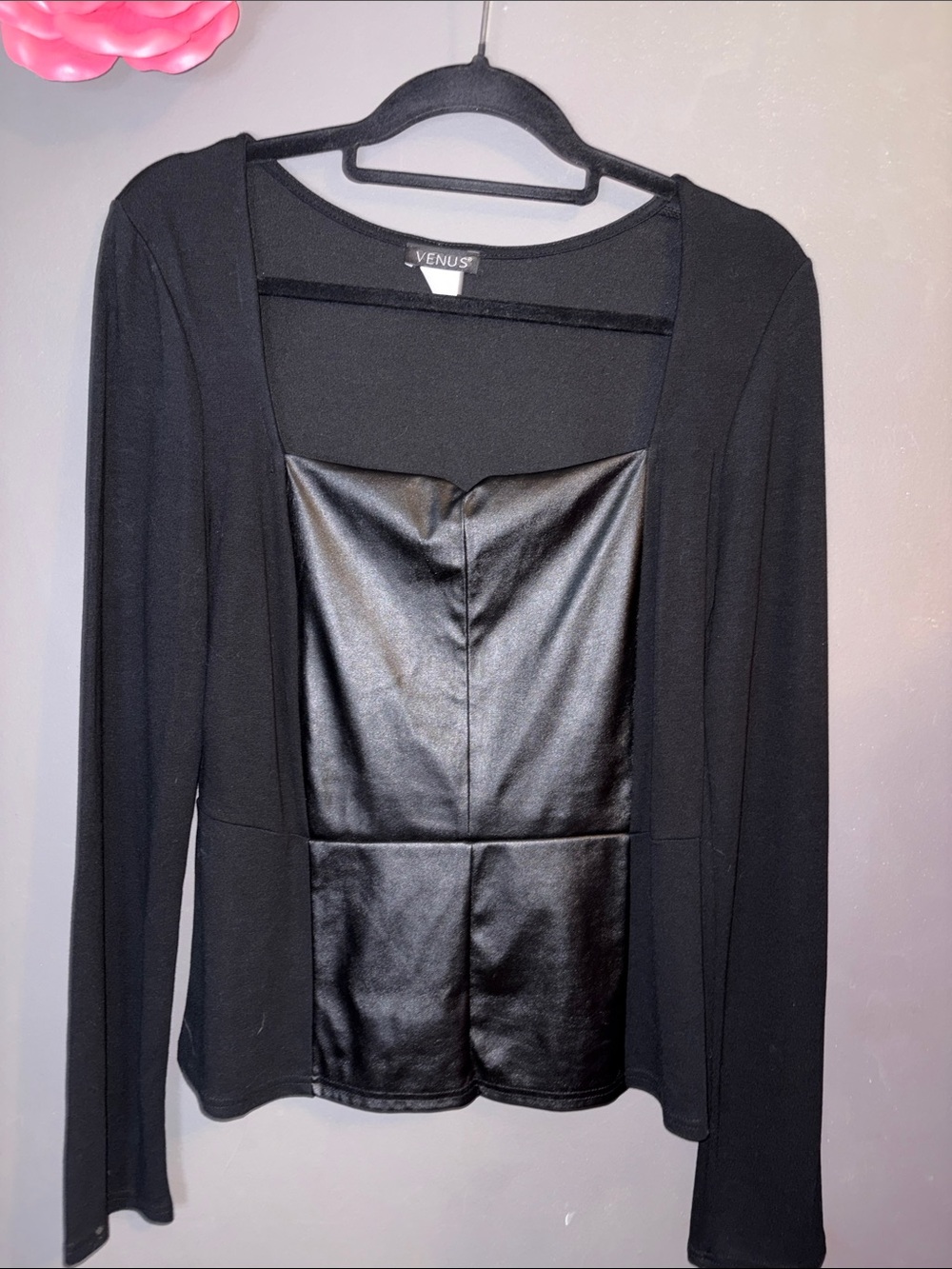 VENUS Black Long Sleeve Top with Faux Leather Front